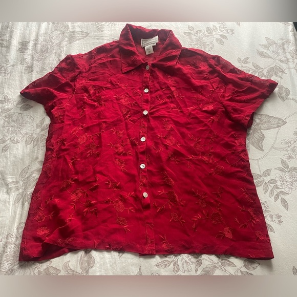 Vintage Red Floral Embroidered Sheer Button Down Shirt 90s Goth Vamp Fairy Boho - Picture 1 of 8